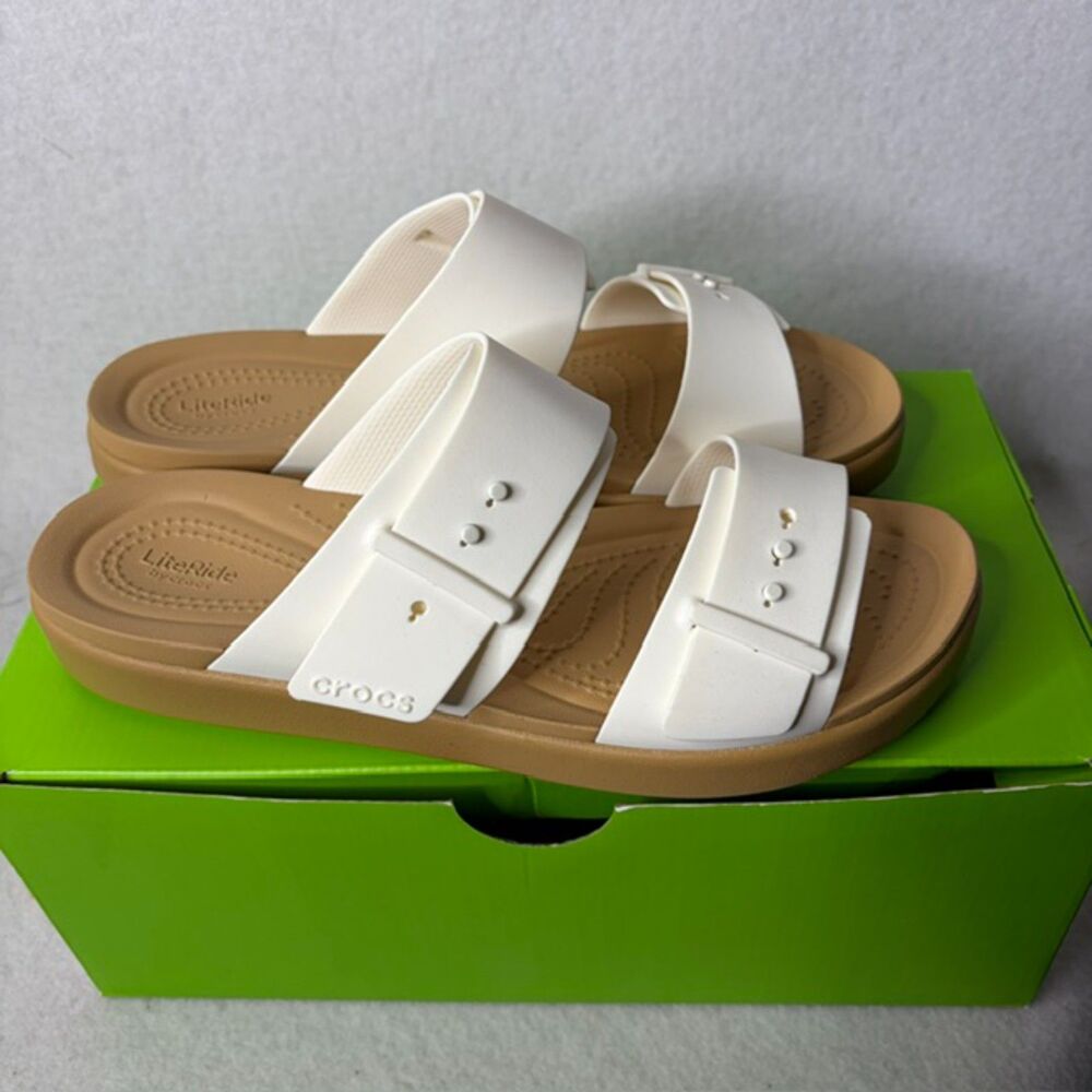 Womens Crocs LiteRide white double strap comfort slide sandals size 8 - Picture 2 of 6